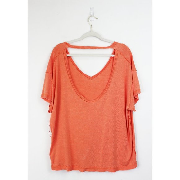 NWT Free People All Mine V Neck Cut Out Raw Cut Tee Apricot Orange Pink Large - Picture 6 of 8
